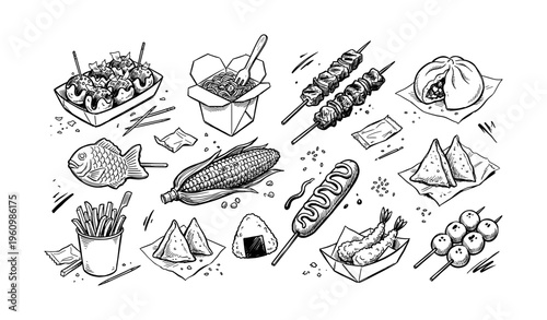 Hand-drawn assortment of asian street food variety with snacks and skewers