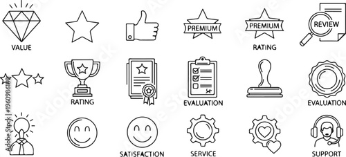 flat design icons set of business success and customer satisfaction concepts in black and white