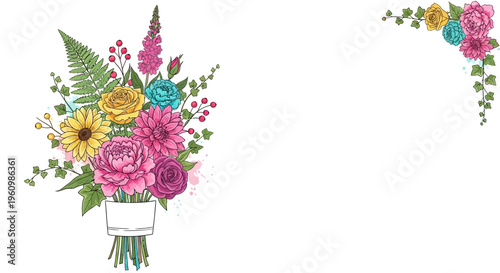 Colorful floral arrangement with mixed flowers for invitations and greetings