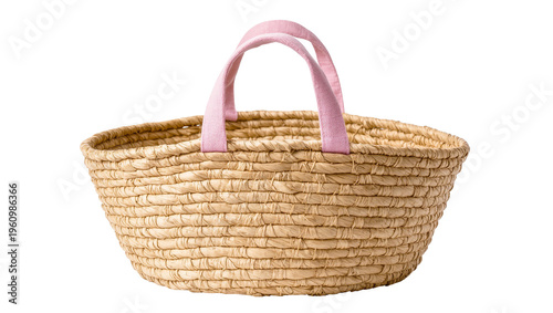 Quadro su tela Isolated handmade straw basket with sturdy pink fabric handles for shopping or s