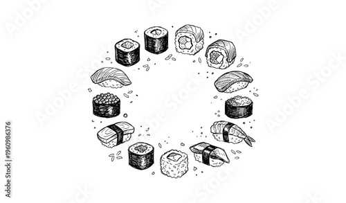 Circular arrangement of various sushi drawings in black and white