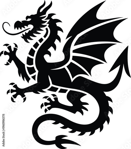 Black Silhouette of a Regal Dragon with Detailed Scales, Wings, and Fierce Expression, White Background, Dragon Art