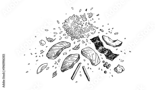 Hand-drawn sushi sketch with nigiri rolls wasabi and rice ingredients