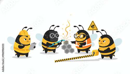 Cute cartoon bees working together on a construction project, wearing safety gear and using tools with sparks flying