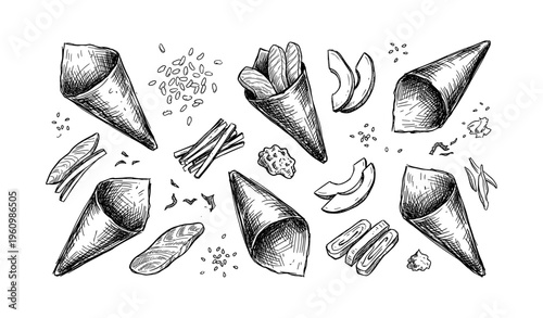 Hand-drawn italian cannoli and ingredients sketch set on white background