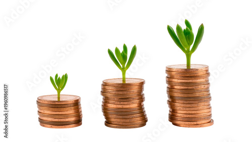 Bild auf Leinwand Isolated three stacks of copper coins with growing green plants representing fin