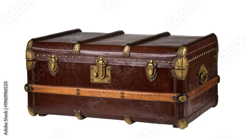 Φωτογραφία Isolated old leather travel trunk with brass hardware and ornate details, vintag