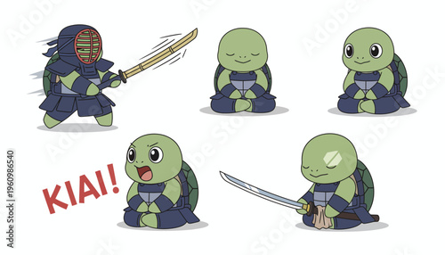 Cute cartoon turtle wearing a martial arts uniform, practicing kendo with a sword and striking a pose