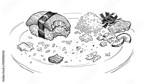 Sushi ingredients and arrangement illustrated in black and white line art