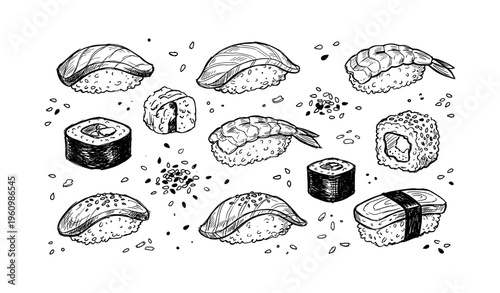 Illustration of various sushi rolls and nigiri on white background