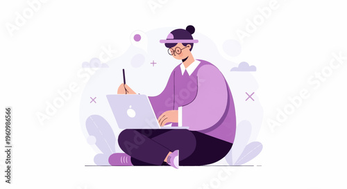 Person with laptop and stylus, surrounded by abstract shapes and clouds