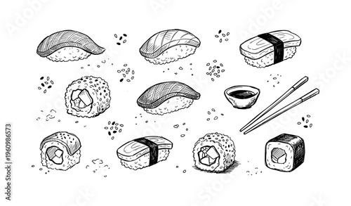 Hand-drawn sushi illustrations with nigiri, maki, and chopsticks