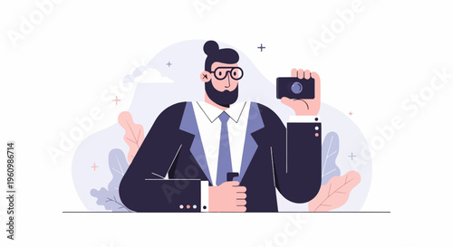 Stylish person in suit taking a selfie with a vintage camera
