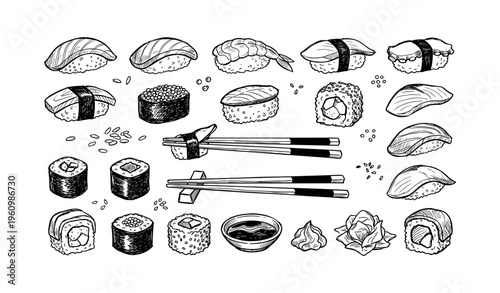 Hand-drawn sushi and chopsticks collection on white background