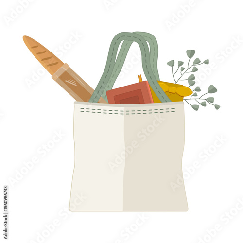 Reusable fabric shopping bag.Eco-friendly cotton tote bag with french baguette, eucalyptus, book and gift.Sustainable lifestyle, zero waste, slow living, and eco-conscious shopping.Vector illustration