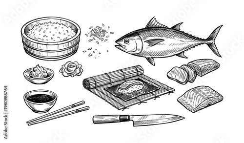 Sushi preparation essentials: tuna, rice, knife, and bamboo mat illustration