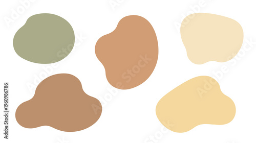 template. A set of 5 distinct, smooth, organic blob shapes in warm earthy tones (sage green, soft brown, cream, muted yellow). No texture, flat color, high-resolution vector