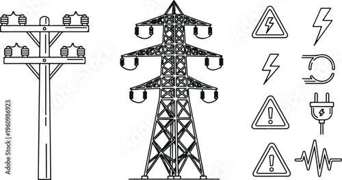 black and white electrical power transmission tower and safety warning icons set