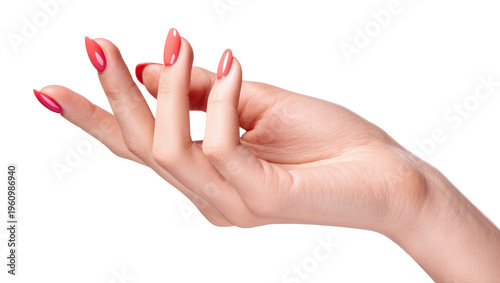Isolated elegant female hand with vibrant coral pink almond shape nails and perfect manicure.