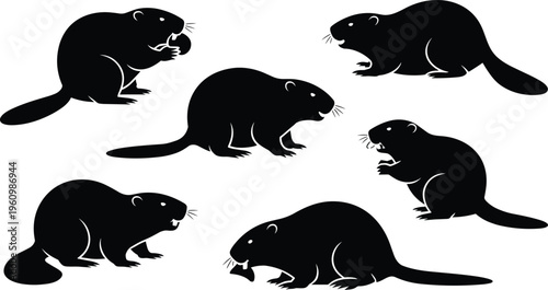 Six Black Silhouette Beaver Icons with Visible Whiskers and Teeth on White Background animal mammal