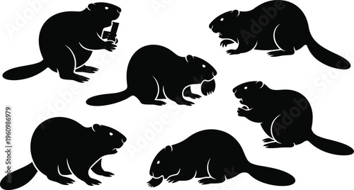 Six Black Silhouette Beaver Icons with Detailed Paws and Mouths on White Background animal mammal