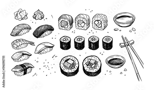 Hand-drawn sushi and chopsticks illustration with nigiri and rolls