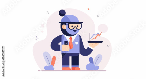 Stylized character presents upward trending graph on a tray