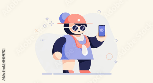 A stylized cartoon character in a hat, sunglasses, and blue outfit takes a selfie