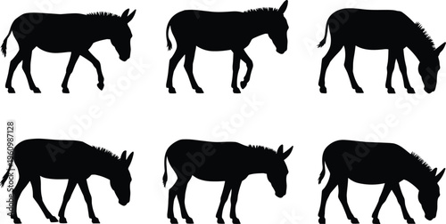 Six Black Silhouette Donkey Icons in Various Poses on a White Background animal mammal