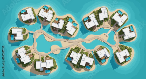 Aerial Top View of Luxury Tropical Island Resort with Modern White Villas and Private Pools in Turquoise Ocean Water