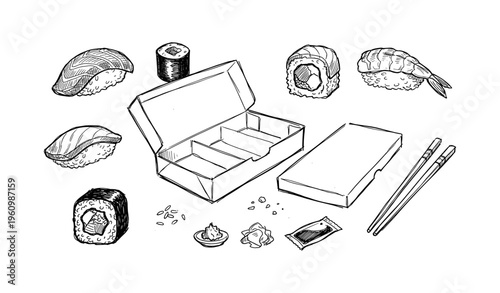 Sushi box and chopsticks with assorted sushi rolls