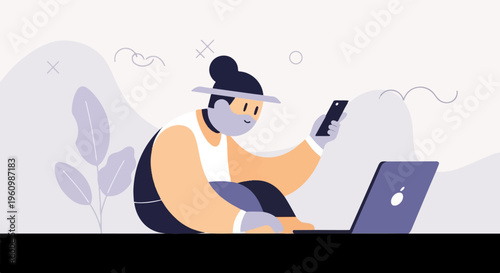Stylized character sits outdoors, interacting with phone and laptop