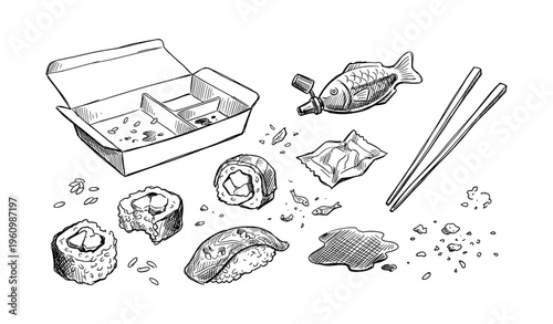 Hand-drawn sushi and chopsticks with soy sauce packets