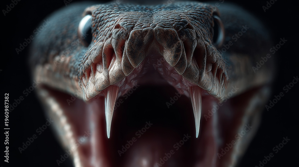 Obraz premium Snake opening mouth showing sharp fangs and powerful teeth in a striking, aggressive attack posture