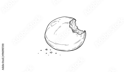 Half-eaten cookie sketch with crumbs in black and white line art drawing