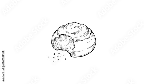 Hand-drawn black and white sketch of a partially eaten cookie