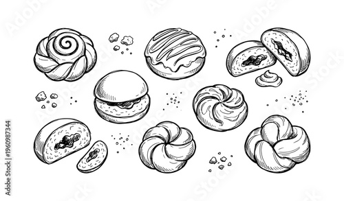 Hand-drawn assorted pastries: croissants, buns, and filled desserts