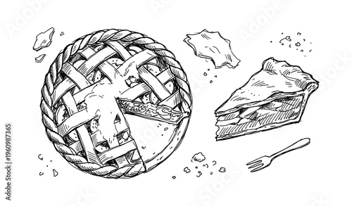 Hand-drawn apple pie with lattice crust and slice in black and white illustration