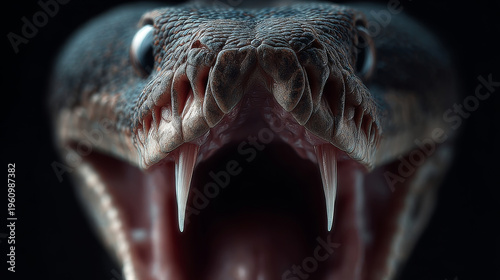 Snake opening mouth showing sharp fangs and powerful teeth in a striking, aggressive attack posture