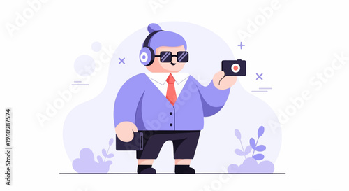 Stylized figure in suit and headphones films with a camera