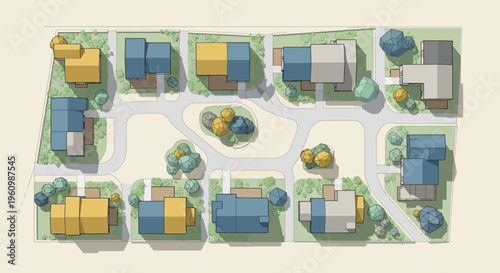 Aerial View Master Plan of a Modern Sustainable Residential Neighborhood Architectural Illustration