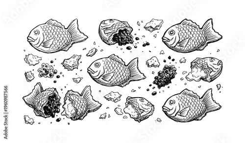 Hand-drawn fish pastries with filling and crumbs pattern