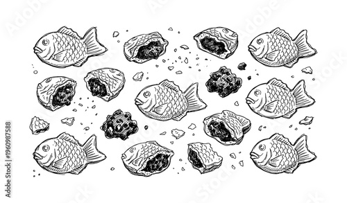 Hand-drawn ice cream and fish-shaped pastry with waffle texture