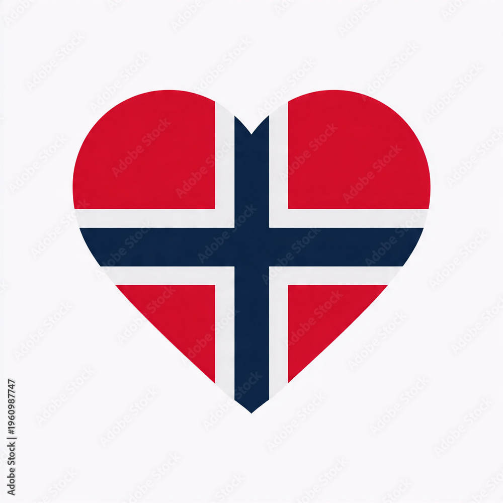 Obraz premium A heart-shaped icon featuring the national flag of Norway, displaying its distinctive red field with a blue Nordic cross bordered in white, symbolizing love for the country.