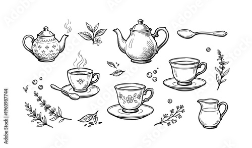 Charming vintage tea set sketch with teapots, teacups, and floral elements in black and white