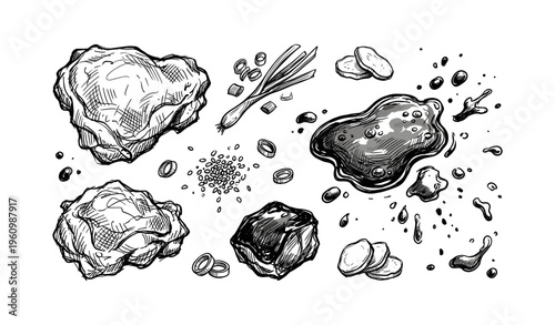 Hand-drawn sketch of various cooking ingredients including meats, spices, and liquids