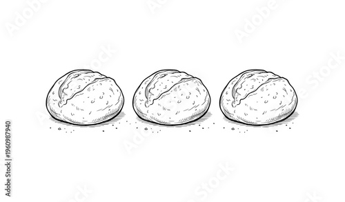 Three freshly baked bread rolls in black and white sketch
