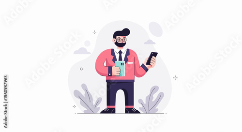 Man in suit holds two phones, one a smartphone, with plants and clouds