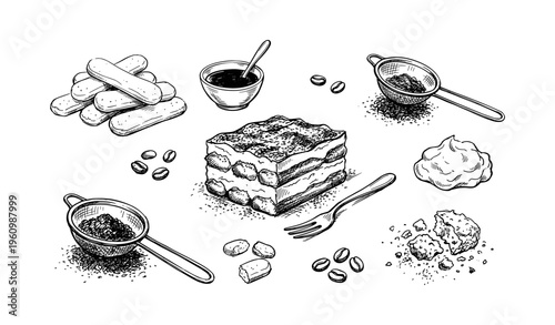 Hand-drawn tiramisu ingredients and dessert illustration with coffee beans