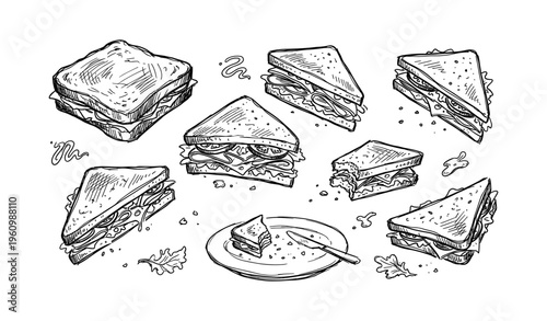 Variety of hand-drawn sandwiches with lettuce and cheese on white background